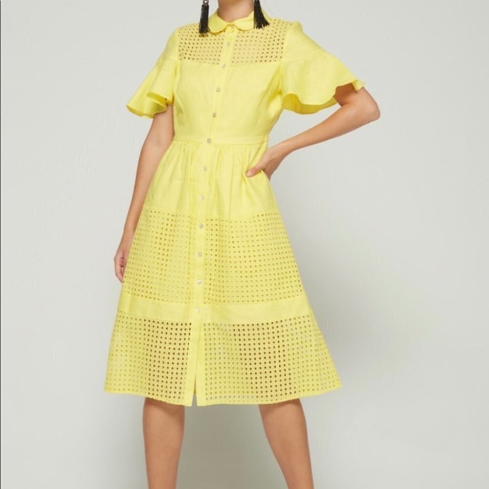 ✅Badgley Mischka Eyelet Lace Lemon Daily Dress 2 $209 Linen Washable Embroidered